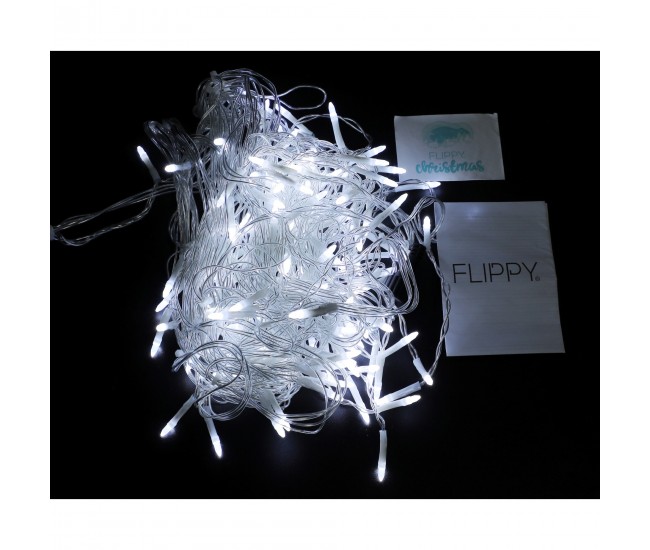 Componenta Instalatie de Craciun Flippy® Tip Franjuri, 8 jocuri de lumini Sectiune 5 m, 143 LED-uri, Interconectabila, Fir Transparent, Alb Rece, Nu contine Transformator !