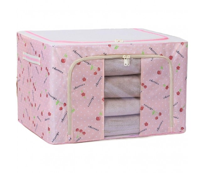 Cutie de Depozitare Pliabila, Flippy, Cu Fermoar, 66 L, Textil, 50x40x33 cm, cu Fereastra, Cadru Metalic, Suport Baza Stabil din Plastic, Imprimeu Cirese, Roz