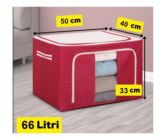 Cutie de Depozitare Pliabila, Flippy, 66 L, din Tesatura Oxford, 50x40x33 cm, Fereastra Frontala, 2 Usi de Acces cu Fermoar Bidirectional, Cadru Metalic, Suport Baza Stabil din Plastic, Imprimeu Buline, Rosu