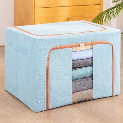 Cutie de Depozitare Pliabila, Flippy, 24 L, din Bumbac si In, 40x30x20 cm, Fereastra Frontala, 2 Usi de Acces cu Fermoar Bidirectional, Cadru Metalic, Suport Baza Stabil din Plastic, Bleu