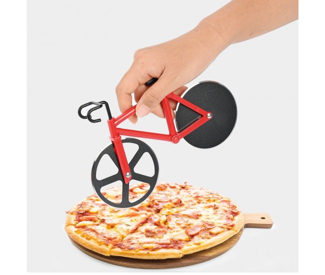 Cutit pizza creativ Flippy, in forma de bicicleta, cu suport pentru cutit, 19 x 12.5 cm, otel/PP, negru