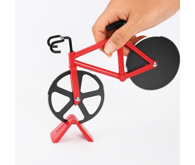 Cutit pizza creativ Flippy, in forma de bicicleta, cu suport pentru cutit, 19 x 12.5 cm, otel/PP, negru