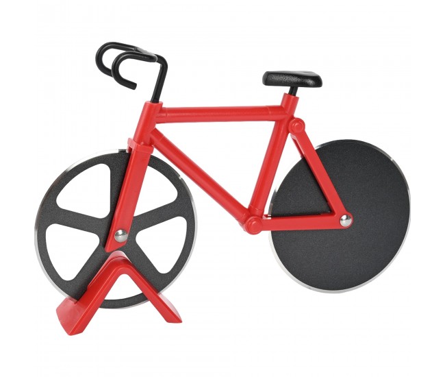 Cutit pizza creativ Flippy, in forma de bicicleta, cu suport pentru cutit, 19 x 12.5 cm, otel/PP, negru