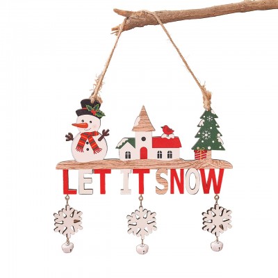 Decoratiune de Craciun din Lemn, Flippy, cu Snur pentru Agatare in Brad, Model Om de Zapada, Scris Let It Snow, 21.9x19 cm, Multicolor