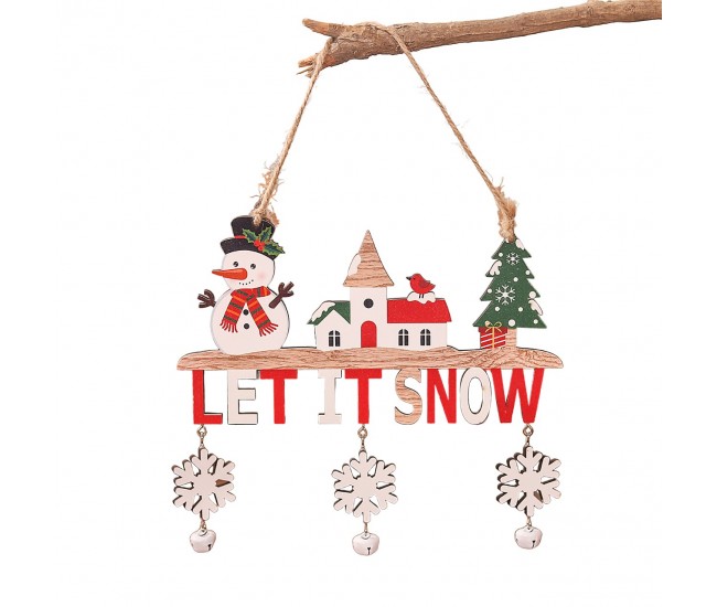 Decoratiune de Craciun din Lemn, Flippy, cu Snur pentru Agatare in Brad, Model Om de Zapada, Scris Let It Snow, 21.9x19 cm, Multicolor