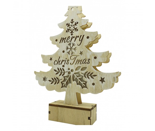 Decoratiune luminoasa, model de  Brad cu inscriptie Marry Christmas, alb, lungime: 11 cm, latime: 5 cm, inaltime: 30 cm, lemn, interior/exterior