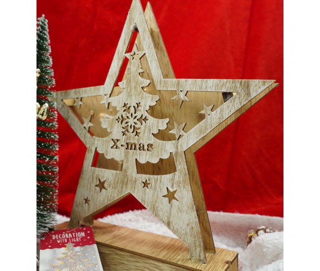 Decoratiune luminoasa, model de Stea cu Brad si inscriptie Marry Christmas, alb, lungime: 19 cm, latime: 5 cm, inaltime: 26 cm, lemn, interior/exterior