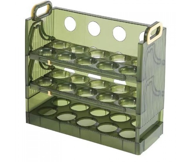 Suport organizator oua pentru frigider, Flippy, Verde transparent, capacitate 30 oua, Trei straturi, 25.5x23x10 cm