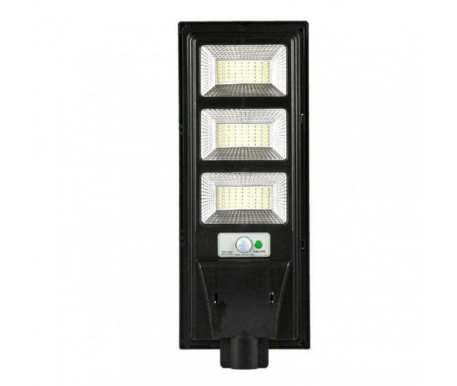 Lampa solara stradala Flippy, cu telecomanda, senzor de miscare si lumina, suport prindere, 144 LED-uri, IP65, ABS, 8AH, 150W, temperatura culoare 6500K, 49.5x18.8x5 cm, F6006-150w, autonomie 10-12 ore, negru