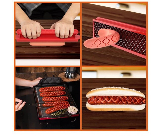 Feliator manual pentru hot-dog Flippy, crestare carnati si hot-dog, manual, potrivit pentru gratar, 29.5 x 6.5 cm, din inox si ABS, rosu