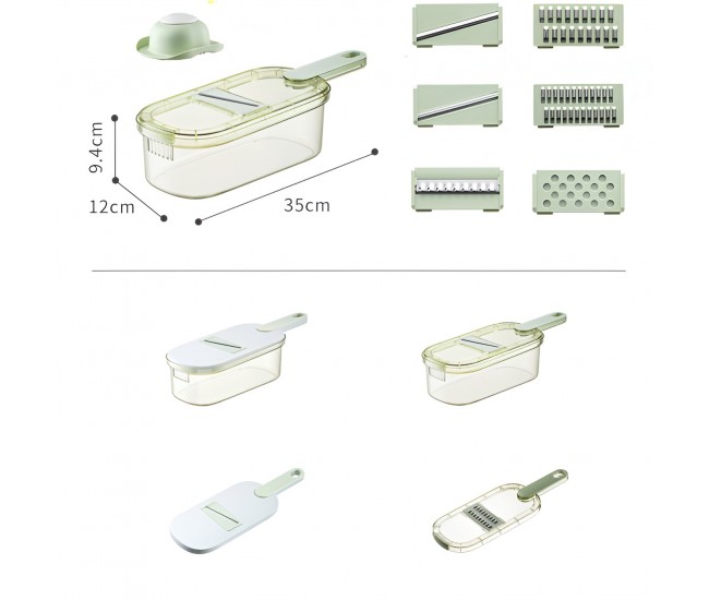 Feliator Multifunctional, Flippy, 6 in 1, pentru Fructe si Legume, 9 Piese, Maner, Lame de Inox, Recipient Stocare, Protectie Mana, ABS, 35x12x9.4 cm, Verde