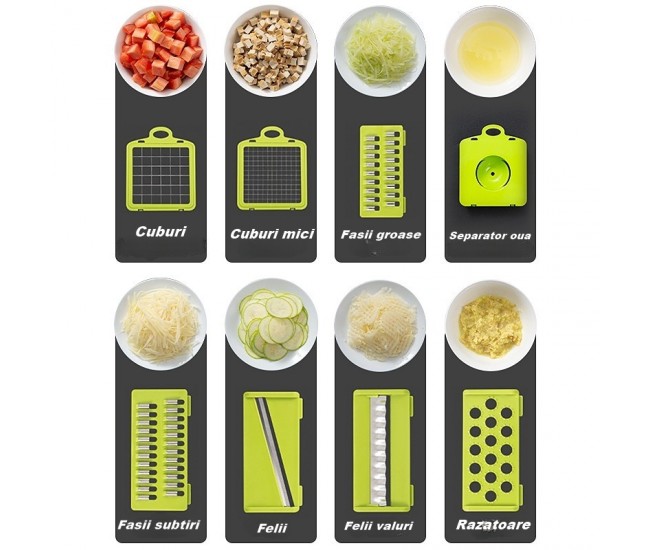 Feliator Multifunctional, Flippy, Razatoare, 8 in 1, pentru Fructe si Legume, 10 Piese, Lame de Inox, Recipient Stocare, Separator Oua, Protectie Mana, ABS, 67.5x38.5x49.5 cm, Verde/Alb