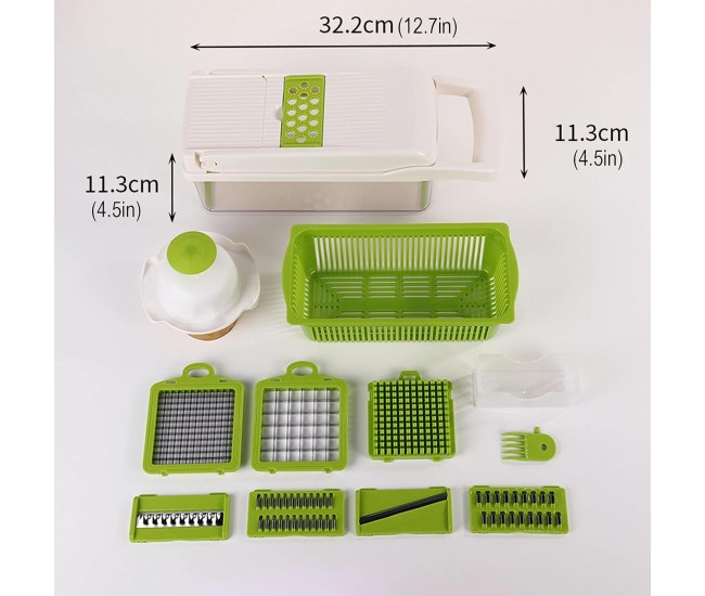 Feliator Multifunctional, Flippy, Razatoare, 8 in 1, pentru Fructe si Legume, 10 Piese, Lame de Inox, Recipient Stocare, Separator Oua, Protectie Mana, ABS, 67.5x38.5x49.5 cm, Verde/Alb