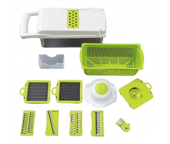 Feliator Multifunctional, Flippy, Razatoare, 8 in 1, pentru Fructe si Legume, 10 Piese, Lame de Inox, Recipient Stocare, Separator Oua, Protectie Mana, ABS, 67.5x38.5x49.5 cm, Verde/Alb