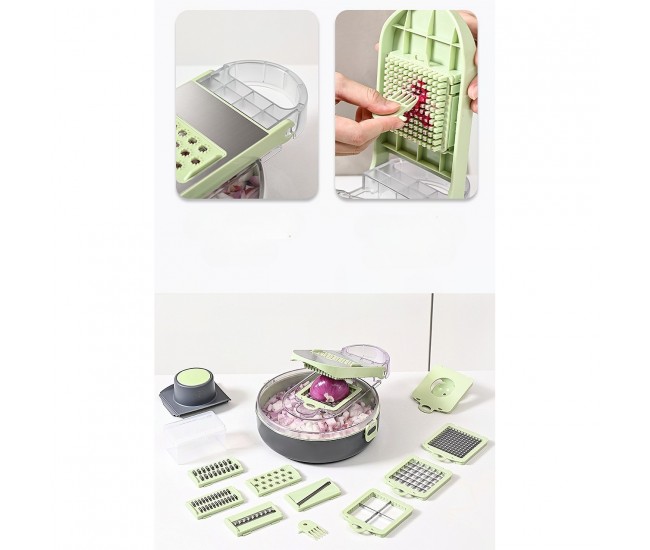 Feliator Multifunctional, Flippy, Razatoare, 8 in 1, pentru Fructe si Legume, 12 Piese, Lame de Inox, Recipient Stocare, Separator Oua, Protectie Mana, ABS, Gri/Verde, 29.5x9x21.8 cm