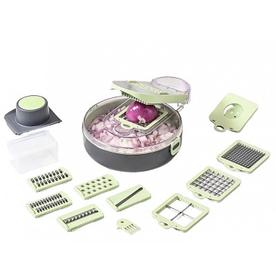 Feliator Multifunctional, Flippy, Razatoare, 8 in 1, pentru Fructe si Legume, 12 Piese, Lame de Inox, Recipient Stocare, Separator Oua, Protectie Mana, ABS, Gri/Verde, 29.5x9x21.8 cm