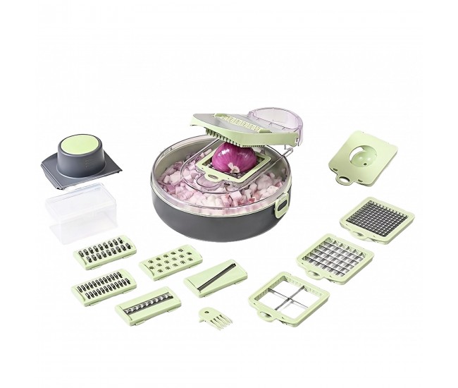 Feliator Multifunctional, Flippy, Razatoare, 8 in 1, pentru Fructe si Legume, 12 Piese, Lame de Inox, Recipient Stocare, Separator Oua, Protectie Mana, ABS, Gri/Verde, 29.5x9x21.8 cm