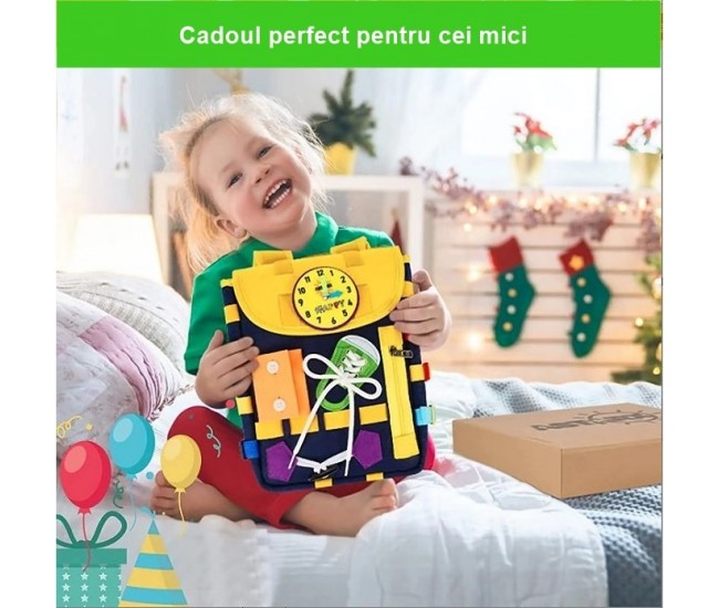 Ghiozdan Montessori, Flippy, pentru Copii 2-6 ani, Fidget Pop, cu Catarame si Fermoare, Jucarii Senzoriale, Activitate de Invatare prin Joc, Albastru Marin, 0.25 kg, 28x10x23 cm