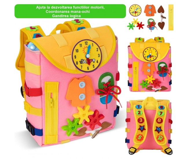 Ghiozdan Montessori, Flippy, pentru Copii 2-6 ani, Fidget Pop, cu Catarame si Fermoare, Jucarii Senzoriale, Activitate de Invatare prin Joc, Roz, 0.25 kg, 28x10x23 cm