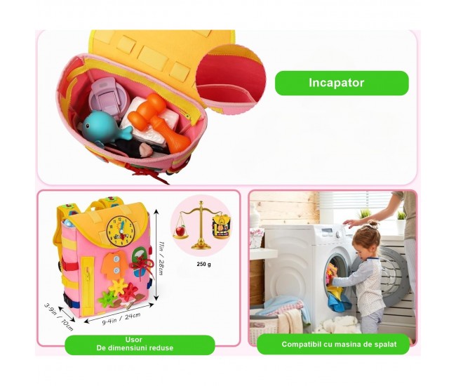 Ghiozdan Montessori, Flippy, pentru Copii 2-6 ani, Fidget Pop, cu Catarame si Fermoare, Jucarii Senzoriale, Activitate de Invatare prin Joc, Roz, 0.25 kg, 28x10x23 cm