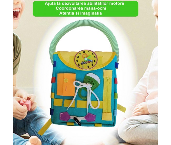 Ghiozdan Montessori, Flippy, pentru Copii 2-6 ani, Fidget Pop, cu Catarame si Fermoare, Jucarii Senzoriale, Activitate de Invatare prin Joc, Turcoaz, 0.25 kg, 28x10x23 cm