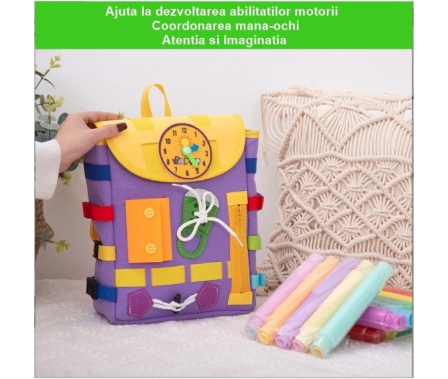 Ghiozdan Montessori, Flippy, pentru Copii 2-6 ani, Fidget Pop, cu Catarame si Fermoare, Jucarii Senzoriale, Activitate de Invatare prin Joc, Mov, 0.25 kg, 28x10x23 cm