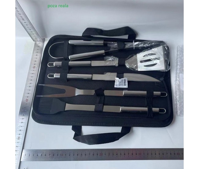 Set 5 Ustensile pentru Gratar, Flippy, din Otel Inoxidabil, Geanta Oxford, Argintiu