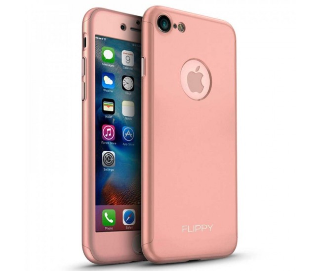 Husa protectile Flippy Premium Full Cover 360 pentru Apple iPhone 8, Roz Auriu cu Folie Sticla inclusa