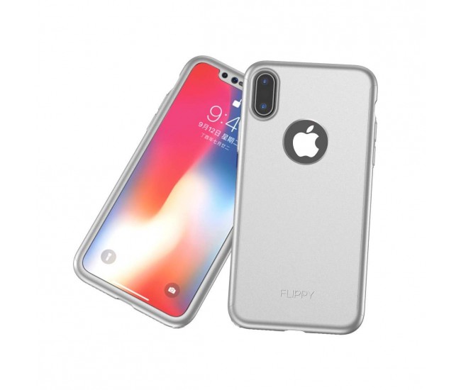 Husa Apple iPhone X Full Cover 360 Argintiu + Folie Cadou