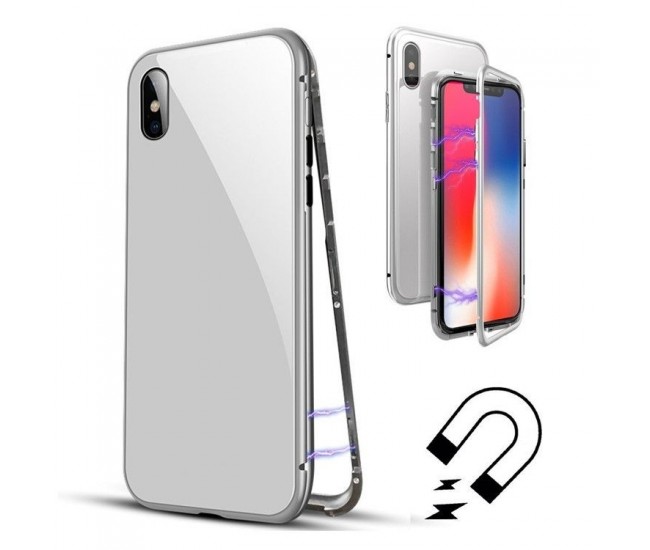 Husa de protectie Magnetic 360, Folie sticla inclusa, pentru Apple iPhone X, Argintiu