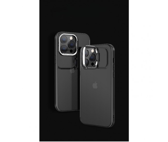 Husa de protectie pentru iPhone 14, cu suport metalic pentru camera, Bracket Series, Flippy, Protectie Antisoc, PC mat, silicon moale pe margini, Negru