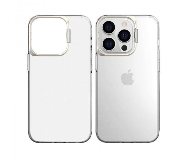 Husa de protectie pentru iPhone 14 Plus, cu suport metalic pentru camera, Bracket Series, Flippy, Protectie Antisoc, PC mat, silicon moale pe margini, Transparent