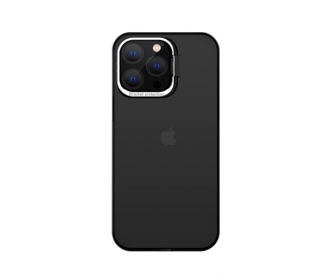 Husa de protectie pentru iPhone 14 Plus, cu suport metalic pentru camera, Bracket Series, Flippy, Protectie Antisoc, PC mat, silicon moale pe margini, Negru