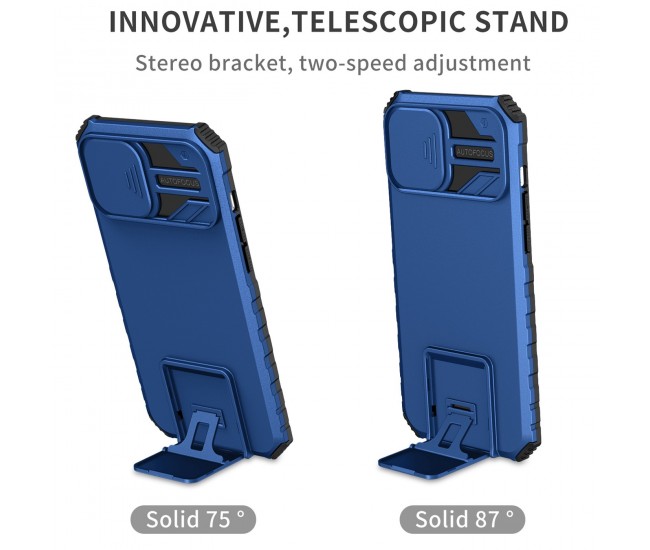 Husa Defender cu Stand pentru iPhone 11, Albastru, Suport reglabil, Antisoc, Protectie glisanta pentru camera, Flippy