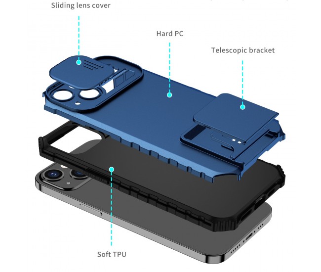 Husa Defender cu Stand pentru iPhone 11, Albastru, Suport reglabil, Antisoc, Protectie glisanta pentru camera, Flippy