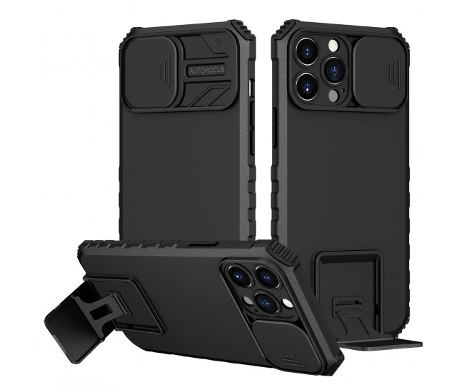 Husa Defender cu Stand pentru iPhone 11, Negru, Suport reglabil, Antisoc, Protectie glisanta pentru camera, Flippy