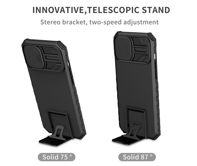 Husa Defender cu Stand pentru iPhone 11, Negru, Suport reglabil, Antisoc, Protectie glisanta pentru camera, Flippy