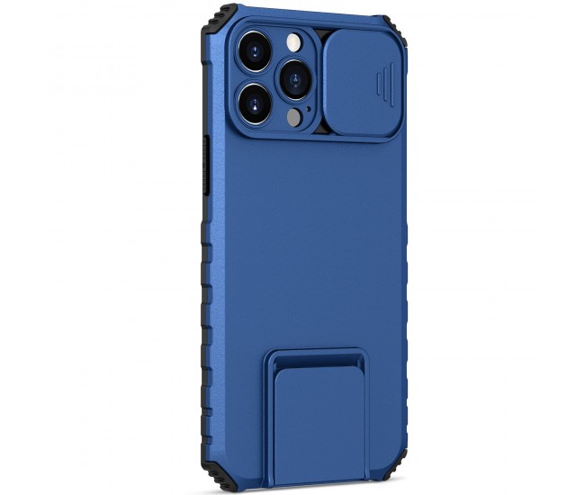 Husa Defender cu Stand pentru iPhone 12, Albastru, Suport reglabil, Antisoc, Protectie glisanta pentru camera, Flippy