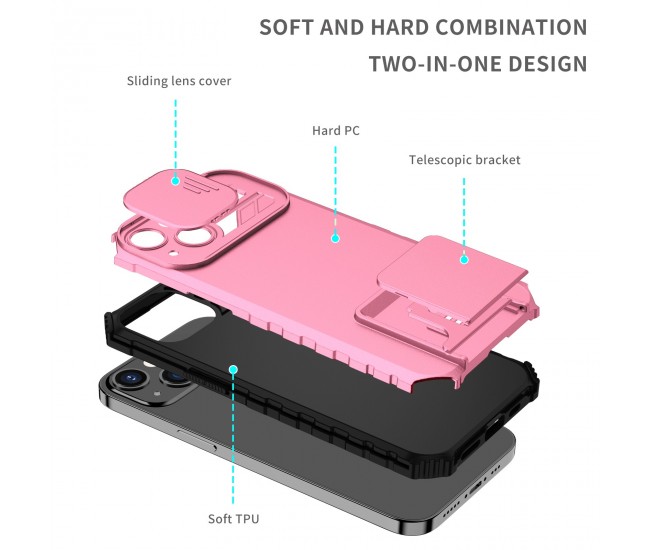 Husa Defender cu Stand pentru iPhone 13, Roz, Suport reglabil, Antisoc, Protectie glisanta pentru camera, Flippy