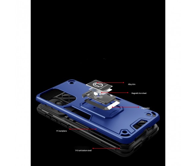 Husa Iron Warriors pentru iPhone 14 Pro, Flippy,  Hybrid Ring Holder Kickstand, Albastru inchis