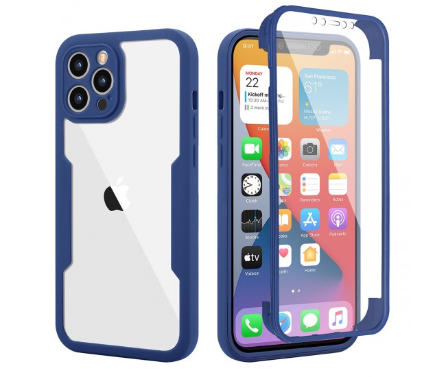 Husa Max Defence pentru iPhone 11, Albastru, Fata Dubla Transparenta, Protectie Antisoc Full 360 ( fata, spate, margini ), Flippy