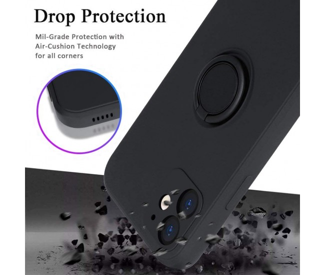 Husa protectie Flippy compatibila cu Apple iPhone 12 Mini Liquid Silicone Ring cu suport rotativ Negru