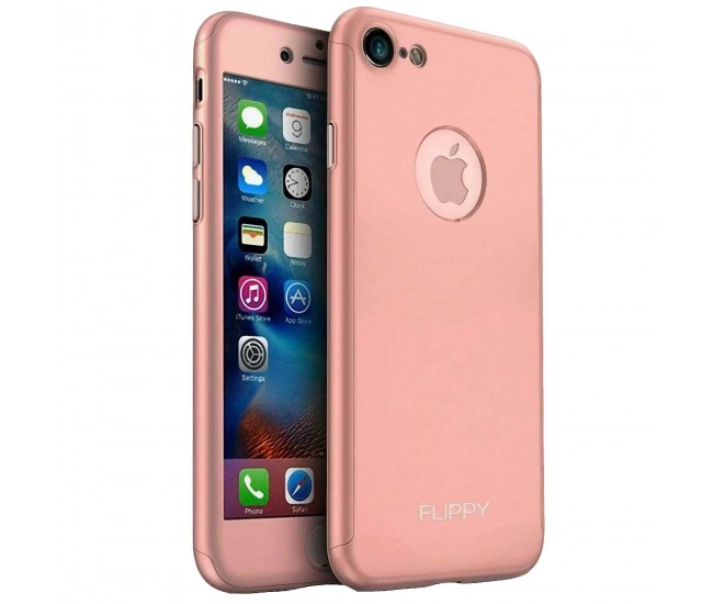 Husa protectile Flippy Premium Full Cover 360 pentru Apple iPhone 8, Roz Auriu cu Folie Sticla inclusa