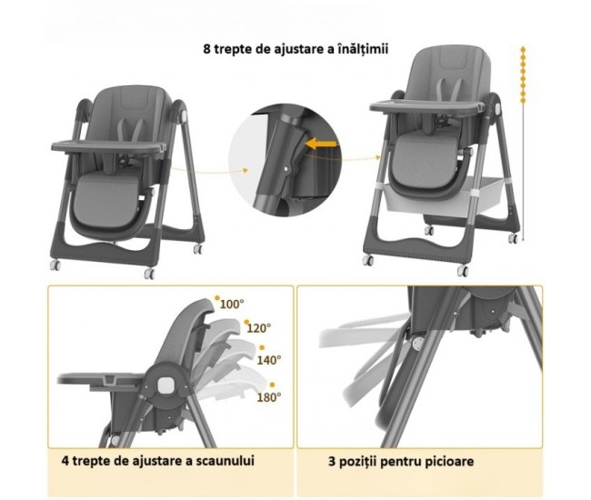 Scaun de Masa pentru Bebelusi si Copii, Flippy, 2 Tavite si Husa Detasabile, Multifuncțional, Stabil, Centura de Siguranta, Inaltime Ajustabila, Spatar Reglabil Moale, Cos de Depozitare, 100x50x80cm, de la 6 Luni, Gri