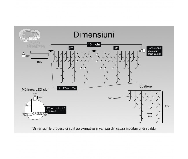 Instalatie Craciun, 10 m, 286 Led-uri ,Franjuri, Alb cald, Flash, Transformator, Interconectabila, Prelungitor 3 m inclus, Fir Negru, Flippy