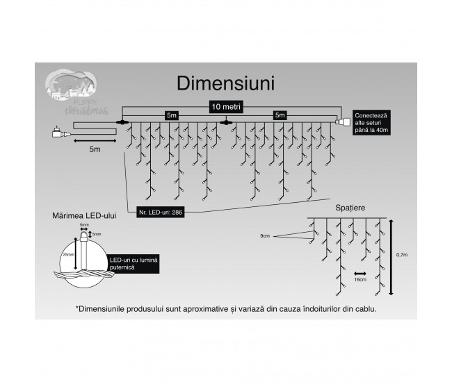 Instalatie Craciun, 10 m, 286 Led-uri ,Franjuri, Albastru, Flash, Transformator, Interconectabila, Prelungitor 5 m inclus, Fir Negru, Flippy