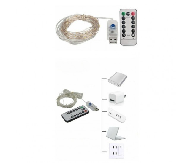 Instalatie Craciun, 10 metri, 100 LED-uri, USB, Telecomanda cu 8 functii, alb rece, Flippy