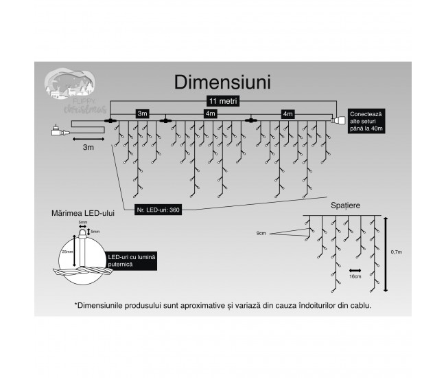 Instalatie Craciun, 11 m, 360 Led-uri ,Franjuri, Alb cald, Flash, Transformator cu telecomanda, Interconectabila, Prelungitor 3 m inclus, Fir Transparent, Flippy