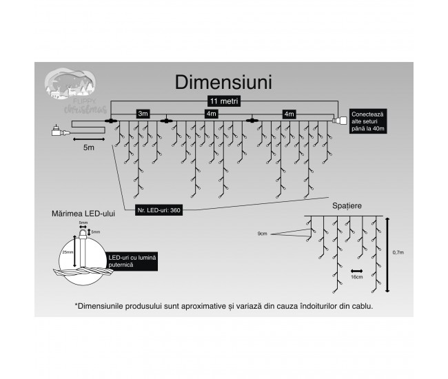 Instalatie Craciun, 11 m, 360 Led-uri ,Franjuri, Alb cald, Flash, Transformator cu telecomanda, Interconectabila, Prelungitor 5 m inclus, Fir Transparent, Flippy