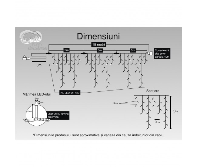 Instalatie Craciun, 15 m, 429 Led-uri ,Franjuri, Albastru, Flash, Transformator cu telecomanda, Interconectabila, Prelungitor 3 m inclus, Fir Transparent, Flippy